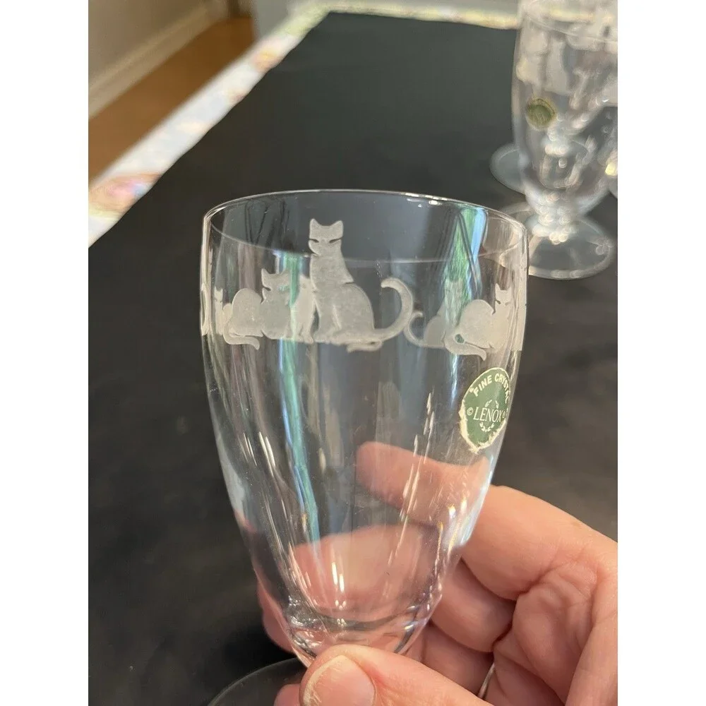 6pc Lenox Crystal Clear Etched Frosted Kitten Cat Dessert Water Footed Glasses